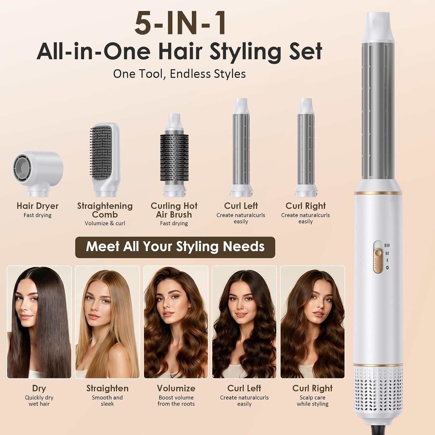 71QfXV9DHRL._AC_SL1500_ Cepillo Secador de Pelo 5 en 1, Cepillo De Aire Caliente Multifunción, 1000W Air Styler Set, Hair Styler, Rizador Pelo Automatico, Thermal Brush para Volumen, Doblar, Suavizar, Secar - Imagen 5