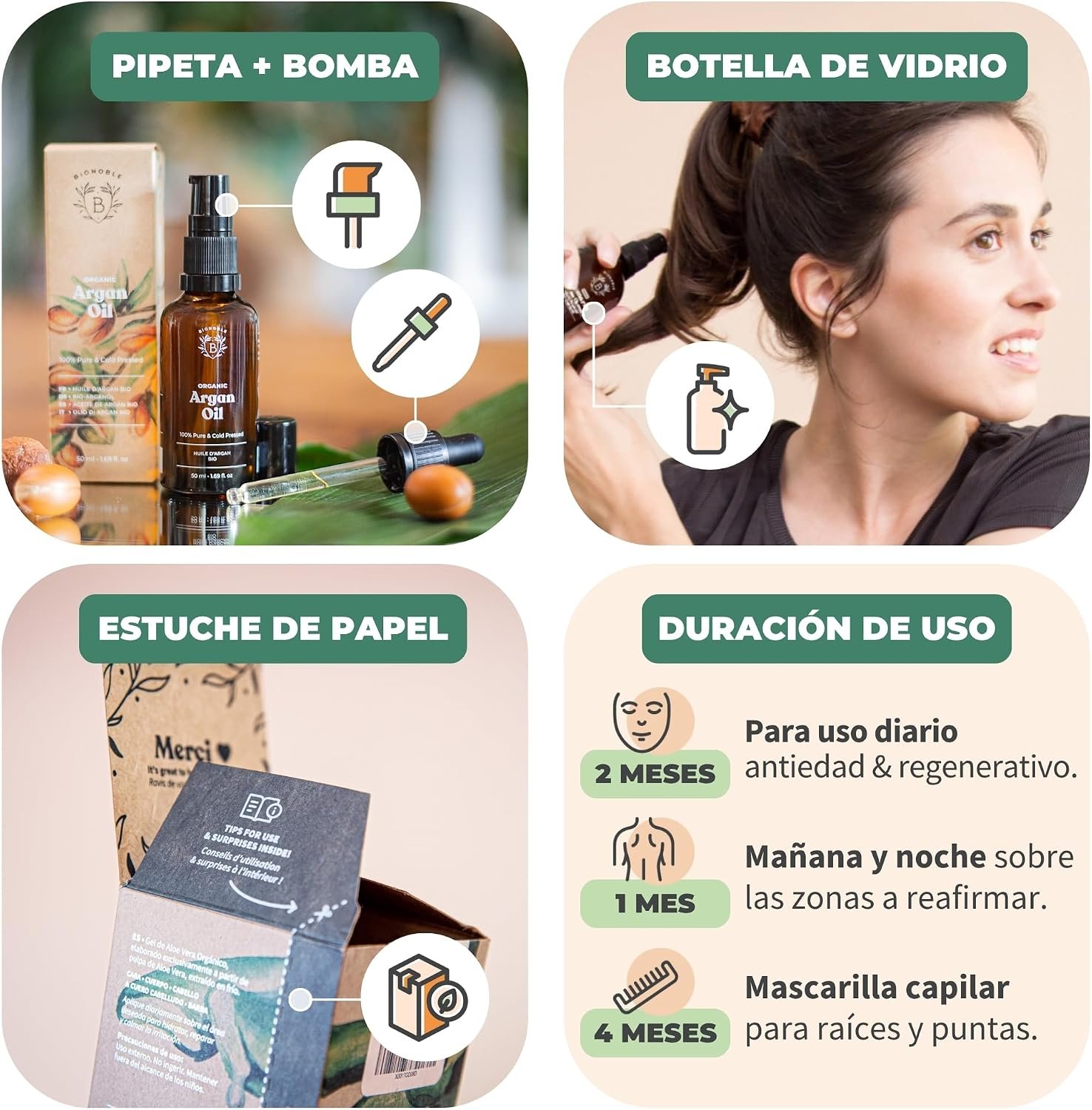 BIONOBLE Aceite de Argán Bio Puro Prensado en Frío - Pelo, Rostro - 50ml | 100 Puro, Sin Hexano - Repara, Nutre la Piel - Aceite Argan Pelo y Cara - Vegan Argan Oil - Botella de Vidrio, Pipeta, Bomba - Imagen 7