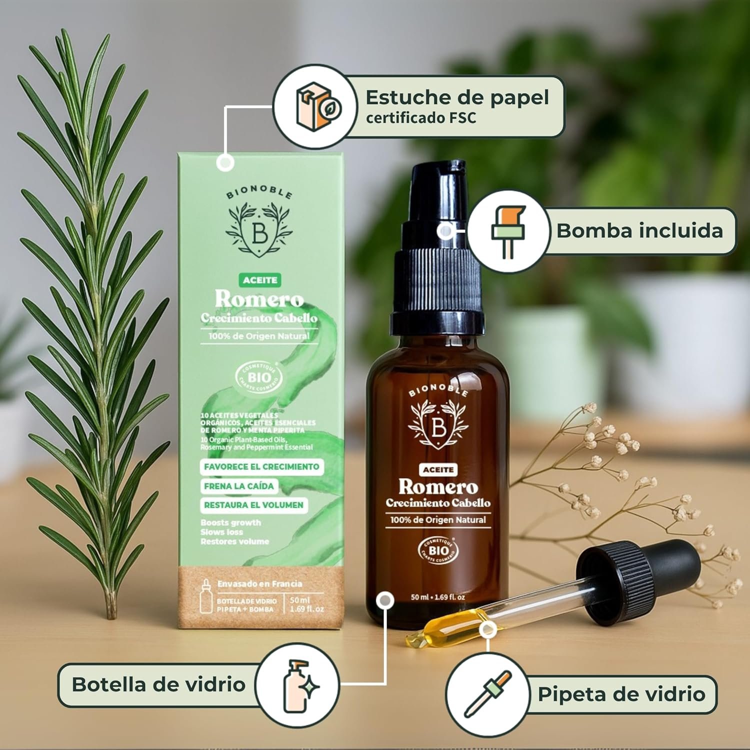 81G07027h7L._AC_SL1500_ BIONOBLE Aceite de Romero para el Cabello Bio, Puro - Crecimiento - 50ml - Imagen 6