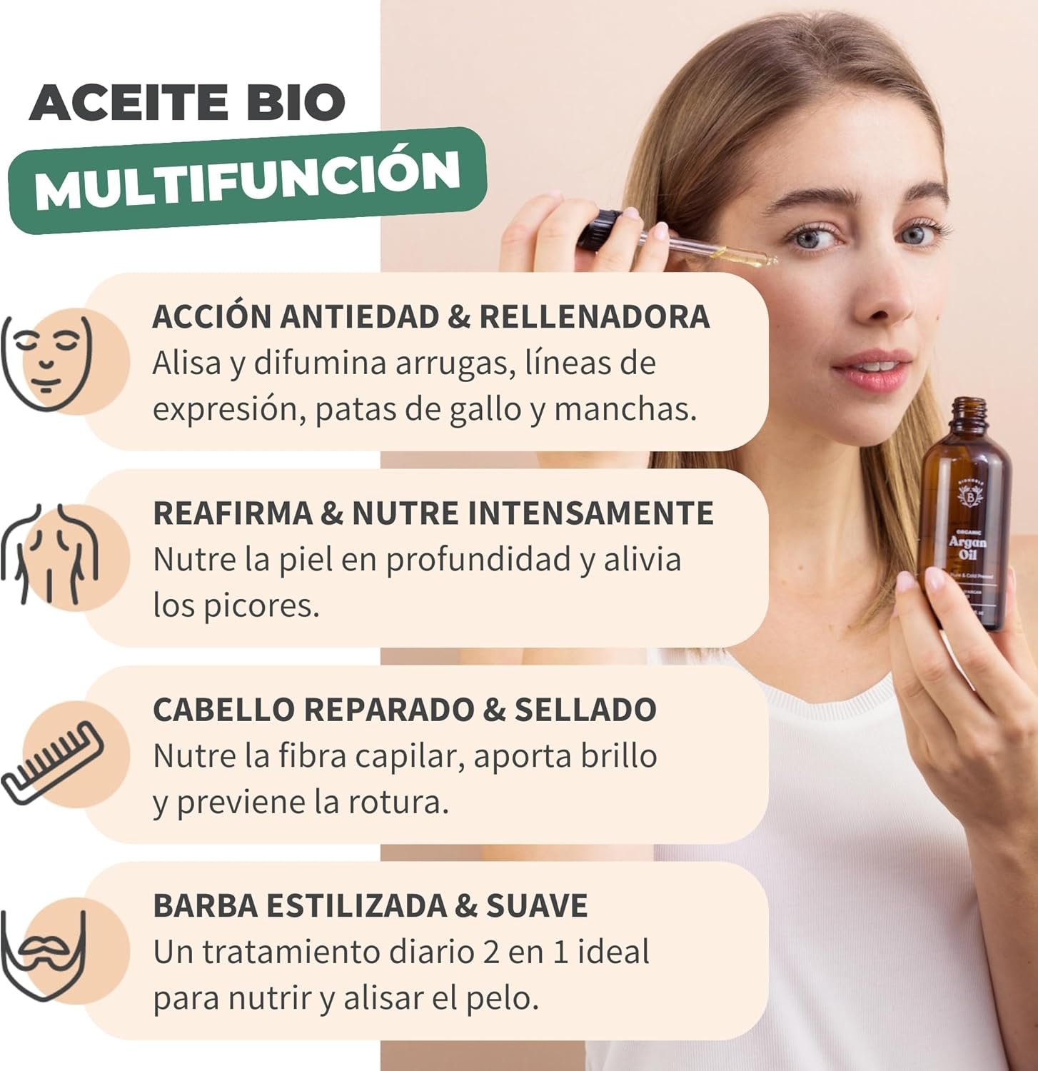 BIONOBLE Aceite de Argán Bio Puro Prensado en Frío - Pelo, Rostro - 50ml | 100 Puro, Sin Hexano - Repara, Nutre la Piel - Aceite Argan Pelo y Cara - Vegan Argan Oil - Botella de Vidrio, Pipeta, Bomba - Imagen 5