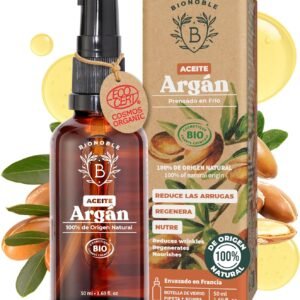 BIONOBLE Aceite de Argán Bio Puro Prensado en Frío - Pelo, Rostro - 50ml | 100 Puro, Sin Hexano - Repara, Nutre la Piel - Aceite Argan Pelo y Cara - Vegan Argan Oil - Botella de Vidrio, Pipeta, Bomba