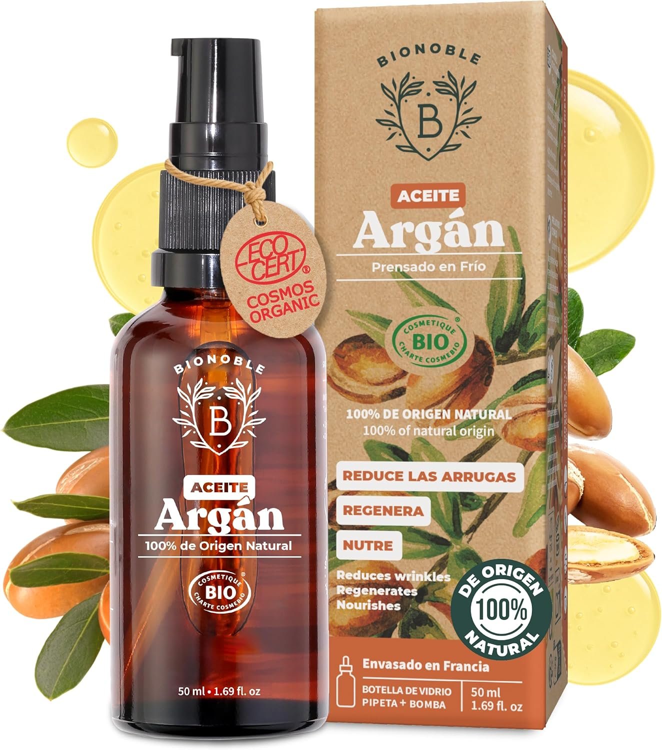 BIONOBLE Aceite de Argán Bio Puro Prensado en Frío - Pelo, Rostro - 50ml | 100 Puro, Sin Hexano - Repara, Nutre la Piel - Aceite Argan Pelo y Cara - Vegan Argan Oil - Botella de Vidrio, Pipeta, Bomba