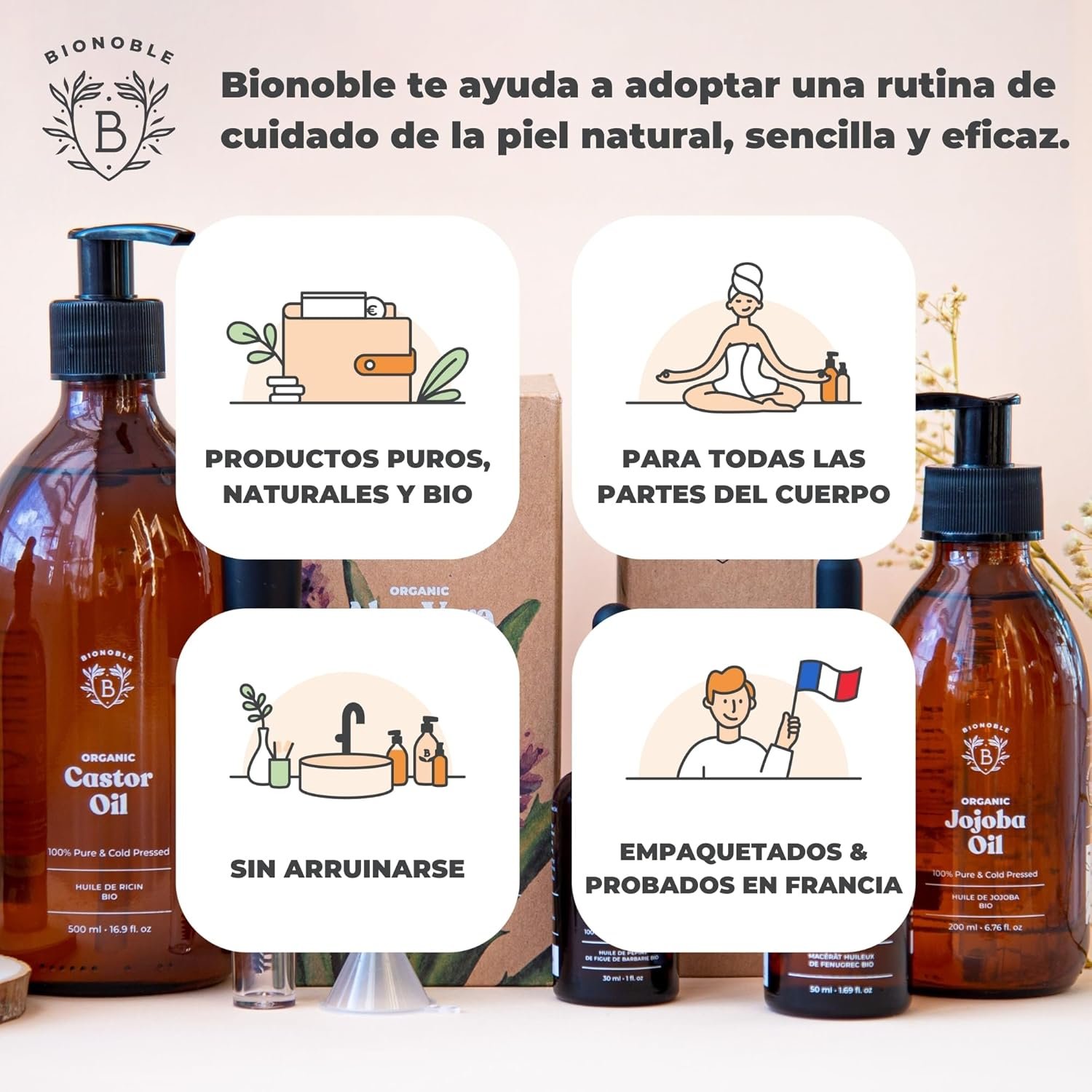 BIONOBLE Aceite de Argán Bio Puro Prensado en Frío - Pelo, Rostro - 50ml | 100 Puro, Sin Hexano - Repara, Nutre la Piel - Aceite Argan Pelo y Cara - Vegan Argan Oil - Botella de Vidrio, Pipeta, Bomba - Imagen 6